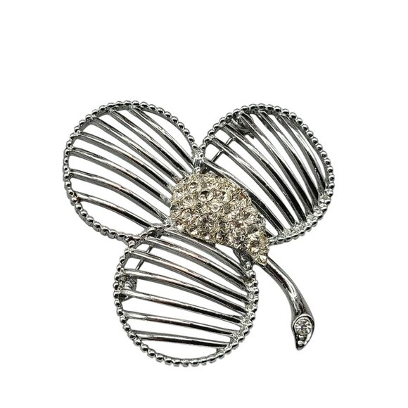 Paved Center 3 Leaf Clover Brooch Silver Tone Open Metal Work Clear Rhinestone - Picture 6 of 8